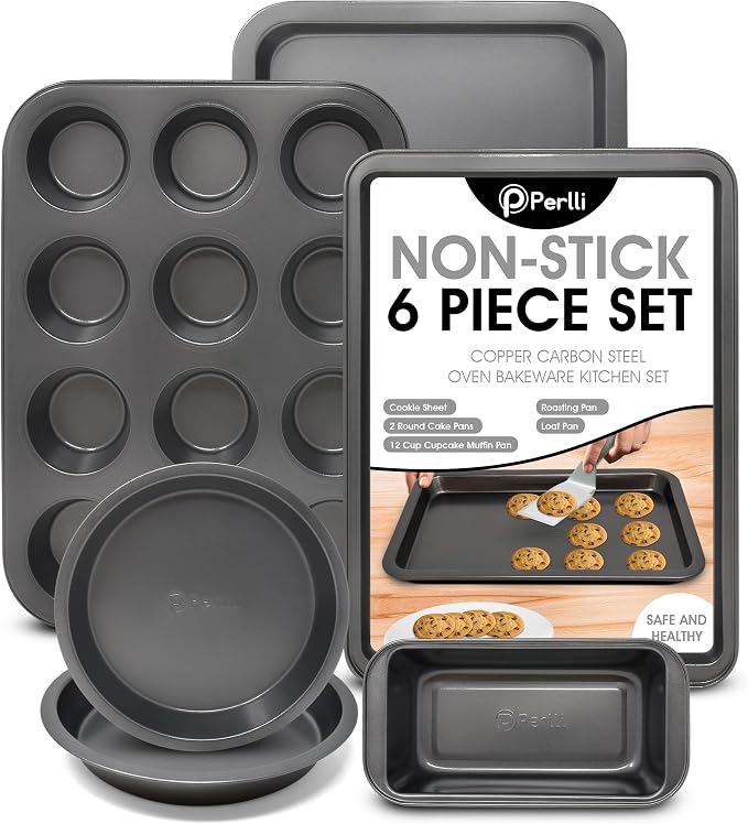 PERLLI Non-Stick 6-Piece Bakeware Set – Carbon Steel with Even Heat Distribution, Oven Safe to 446°F, BPA-Free, Dishwasher Safe, Stackable Baking Tools for Easy Storage and Everyday Cooking - Gray by PERLLI