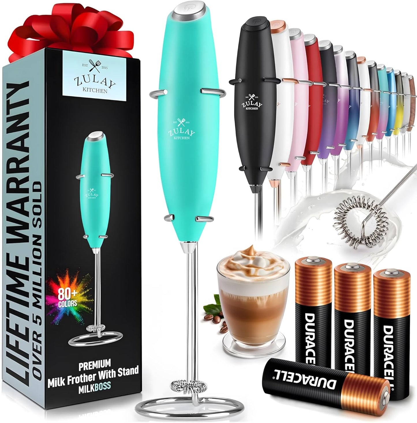 Zulay Kitchen Powerful Milk Frother Wand With 4 AA Duracell Batteries - Ultra Fast Handheld Drink Mixer - Electric Whisk Foam Maker for Coffee, Lattes, Cappuccino, Matcha & Creamer -