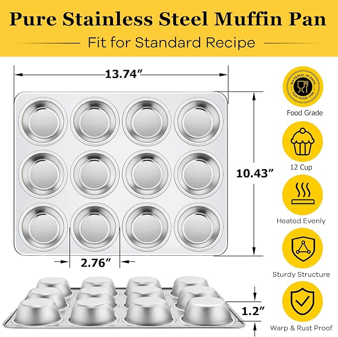 Homikit Stainless Steel Muffin Cupcake Pan 12 Cups, Non Toxic & Heavy Duty | 1PC Nonstick Cupcake Baking Tins Regular Size, 13.8 x 10.4 Inch Metal Egg Bites Tray for Oven, Easy Release, Dishwasher Safe - Image 2