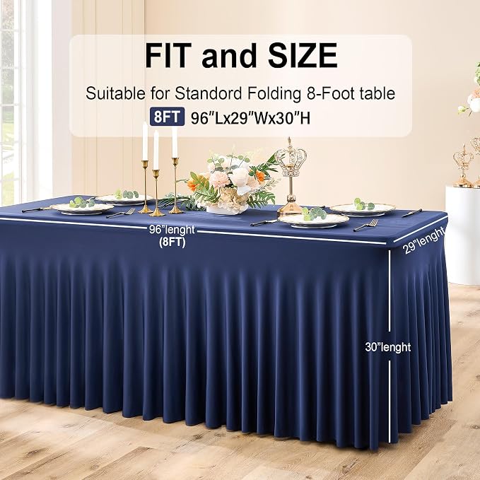 Spandex Tablecloth 8FT Rectangle Table Cover 4 Pcs Navy Blue Wrinkle-Free - Image 6