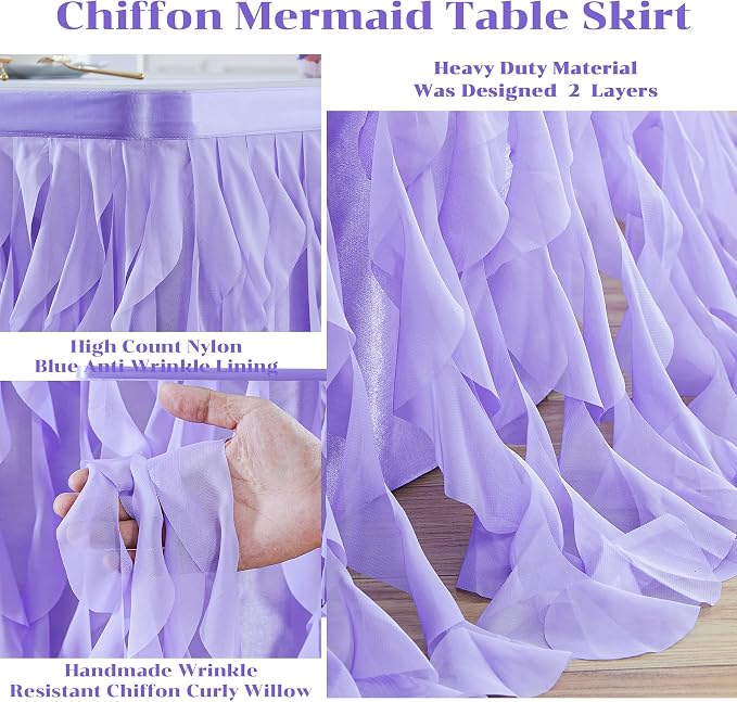 Partisky Lavender Purple Tulle Curly Willow Table Skirt for Rectangle Table 9ft, Ruffle Tutu Table Cloth for Girls Boys Baby Shower,Mermaid Birthday Party - Image 6