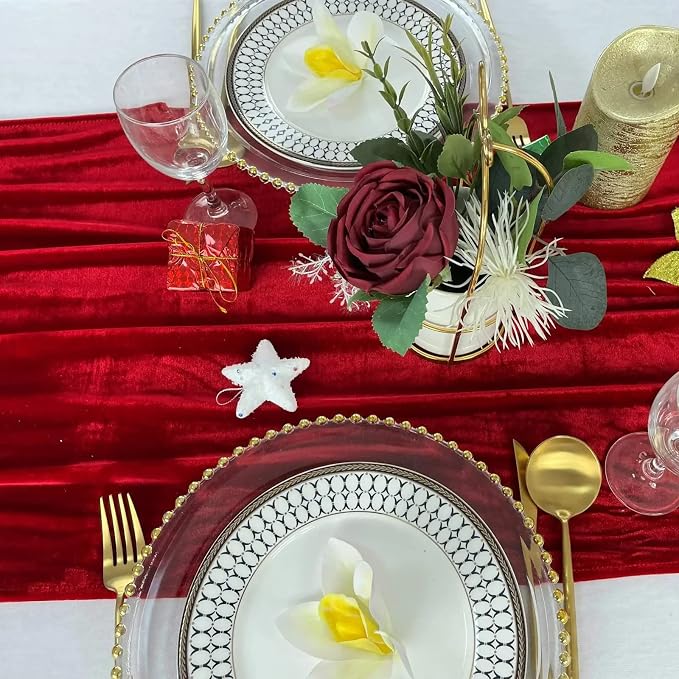 Luxurious Velvet Table Runner, 10ft Wedding Reception Decorations, 20x120inch Soft Velvet Fabric, Table Linen Overlay, Wedding Table Runners (Red, 20X120inch, 5pack) - Image 3