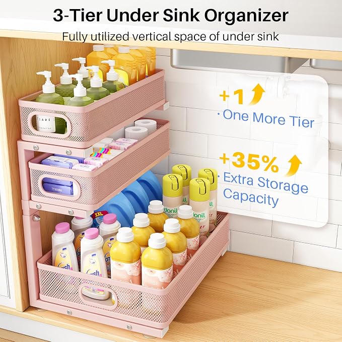 Under Sink Organizer, 3-Tier Thickened Metal Pull out Cabinet Organizer Shelf, Height Adjustable Slide out Storage Drawer Rack for Kitchen Bathroom Pantry Laundry Home Organization, 1-Pack, Pink - Image 3