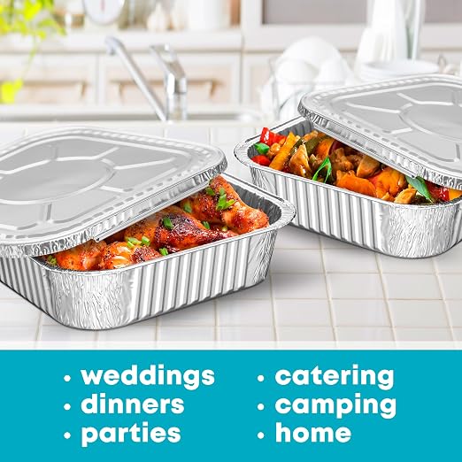Diplastible Aluminum Pans with Lids - Pack of 50 - Disposable 8x8 Foil Pans, Cake Pan, Lasagna, Chafing Dish - Heavy Duty, Oven Safe Meal Prep Containers for Cooking, Serving Food, Catering - Image 9