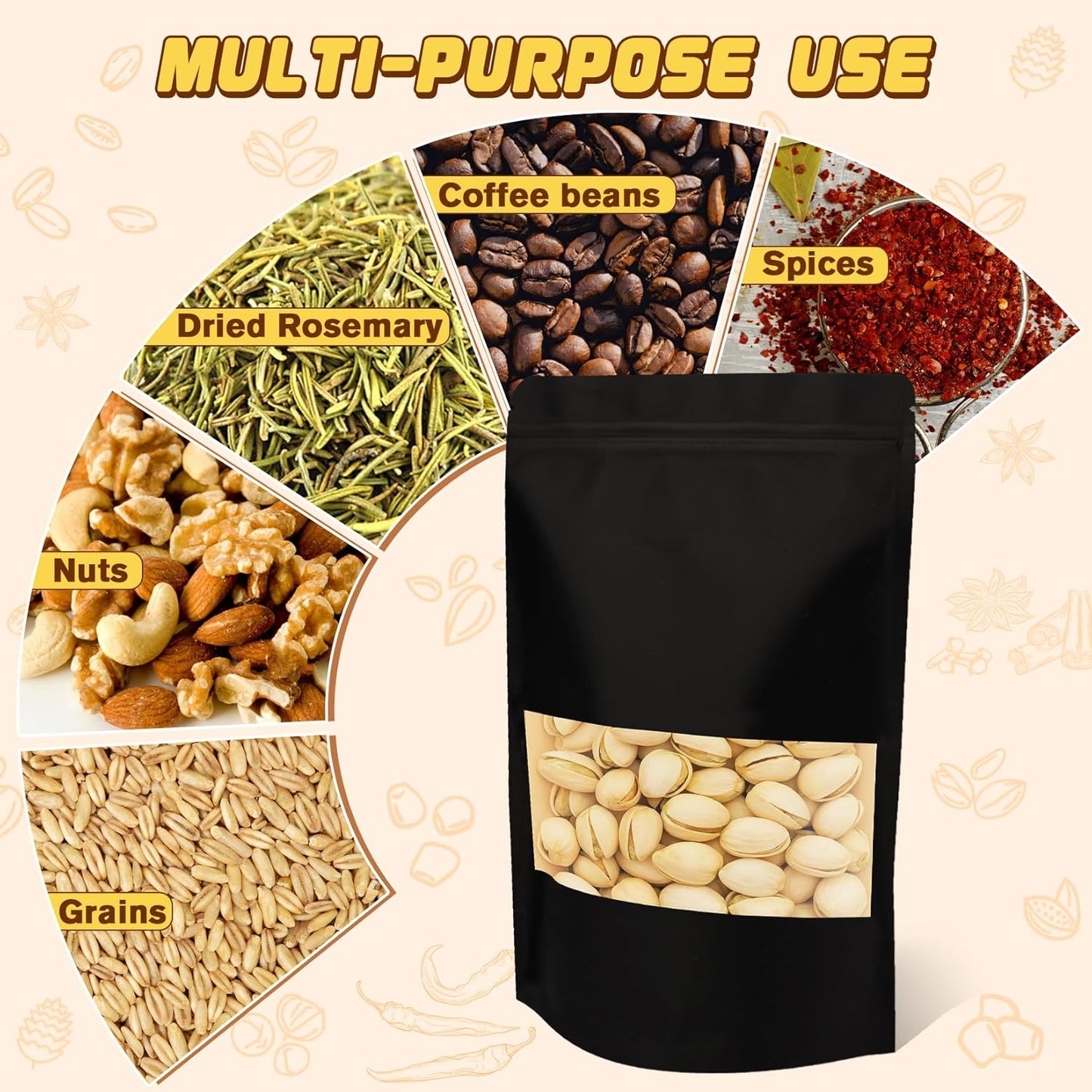 Jetmore-50pcs-Smell-Proof-Bag, Resealable Zip Lock Bags Various Sizes, Reusable Snack Bags, Stand Up Packing Bags with Window, Small Brown Paper Pouches for Candy, Nuts, Spice, Sample, Product