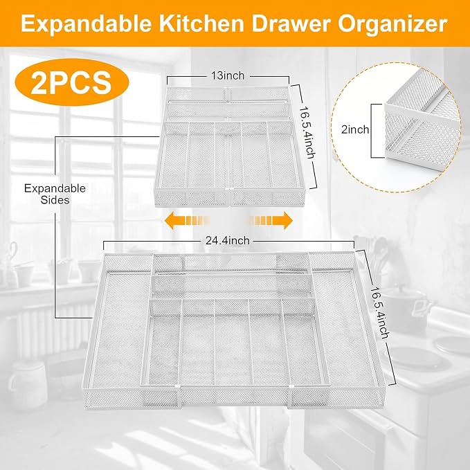 2 Pcs Utensil Drawer Silverware Organizer, Metal Mesh Expandable 13" 24" Kitchen Drawer Organizer, 7-9 Slots Cutlery Tray Dividers for Kitchen Flatware Christmas Housewarming Gift (White) - Image 2
