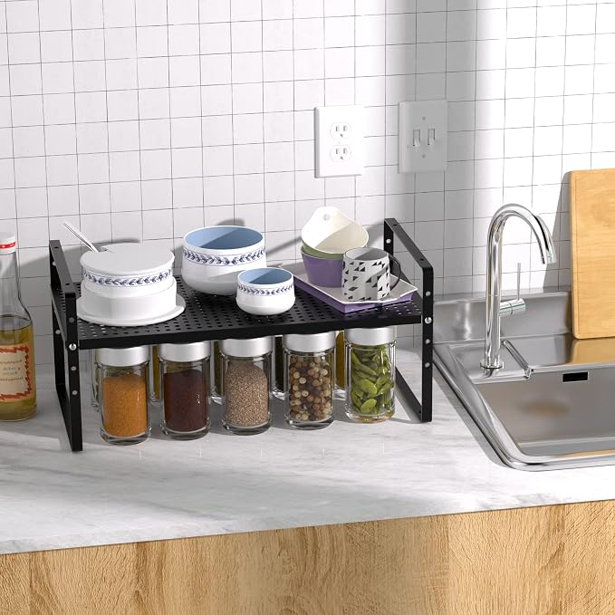 Redrubbit Expandable Cabinet Storage Shelf, Adjustable Height Steel Metal Kitchen Counter Organizers Shelves Spice Rack for Kitchen Pantry Bathroom Cupboard Desk Home Office, Black-1 Pack - Image 2