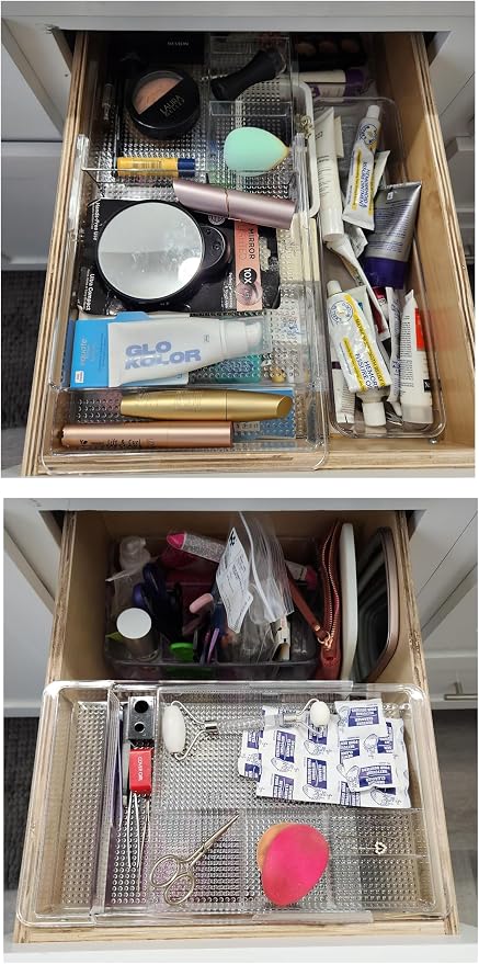 Oubonun Expandable Shallow Vanity Plastic Makeup Drawer Organizers, 2 Pack | Low Profile 1.3 Inch Height Clear Storage Tray - Scalable Width Customization Fits Cosmetic Lipsticks Brushes, Dressing Table - Image 8