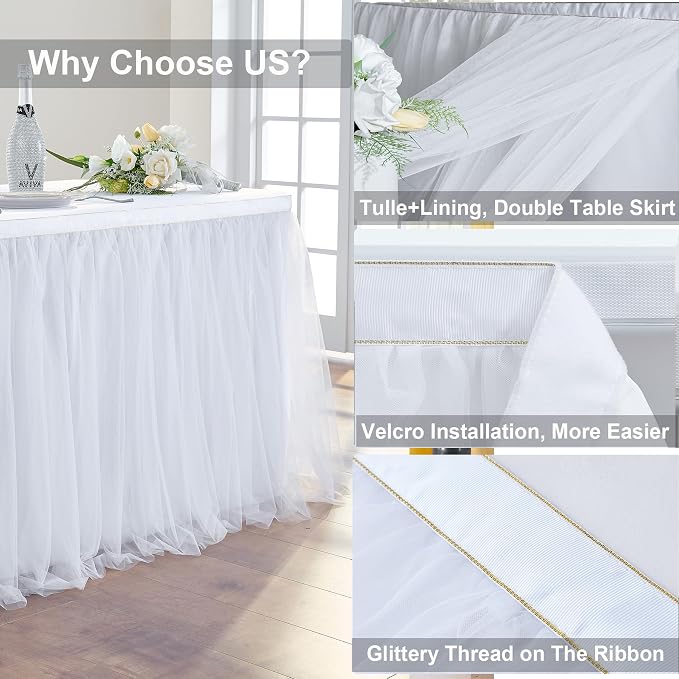 204in White Tulle Table Skirts for Rectangle Tables 6ft 8ft, 2-Layer Gold Grim Ruffle Tulle Tutu Cloth Table Skirt 17ft Long for Wedding Birthday Party Baby Shower Cake Dessert Tables(No Table Cover) - Image 3