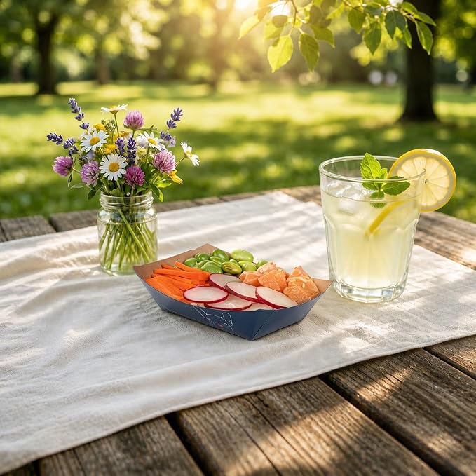 Restaurantware-Bio Tek 3.3 x 2 x 1.4 Inch Paper Boats, 400 Disposable #50 Food Trays - PE Lining, Durable, Frenchie Design Paper Food Baskets, For Concession Stands, Picnics, or Fairs, Stackable - Image 4