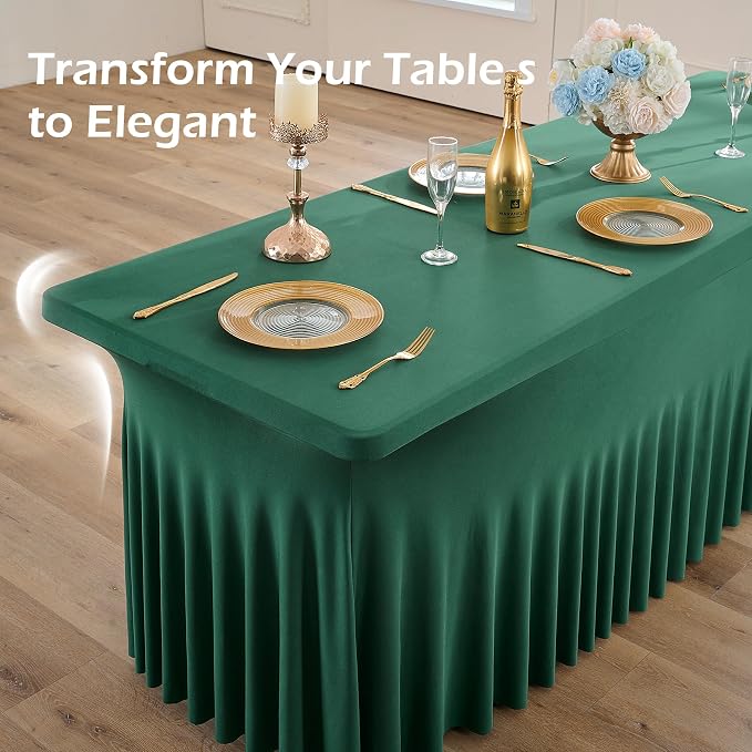 2 pk Hunter Green Spandex Tablecloth for 6 Foot Rectangle Tables, Wrinkle Free Fitted Spandex Table Covers 6ft Green Stretch Table Cloths with Ruffle Skirt for Parties Weddings Banquet Baby Shower - Image 7