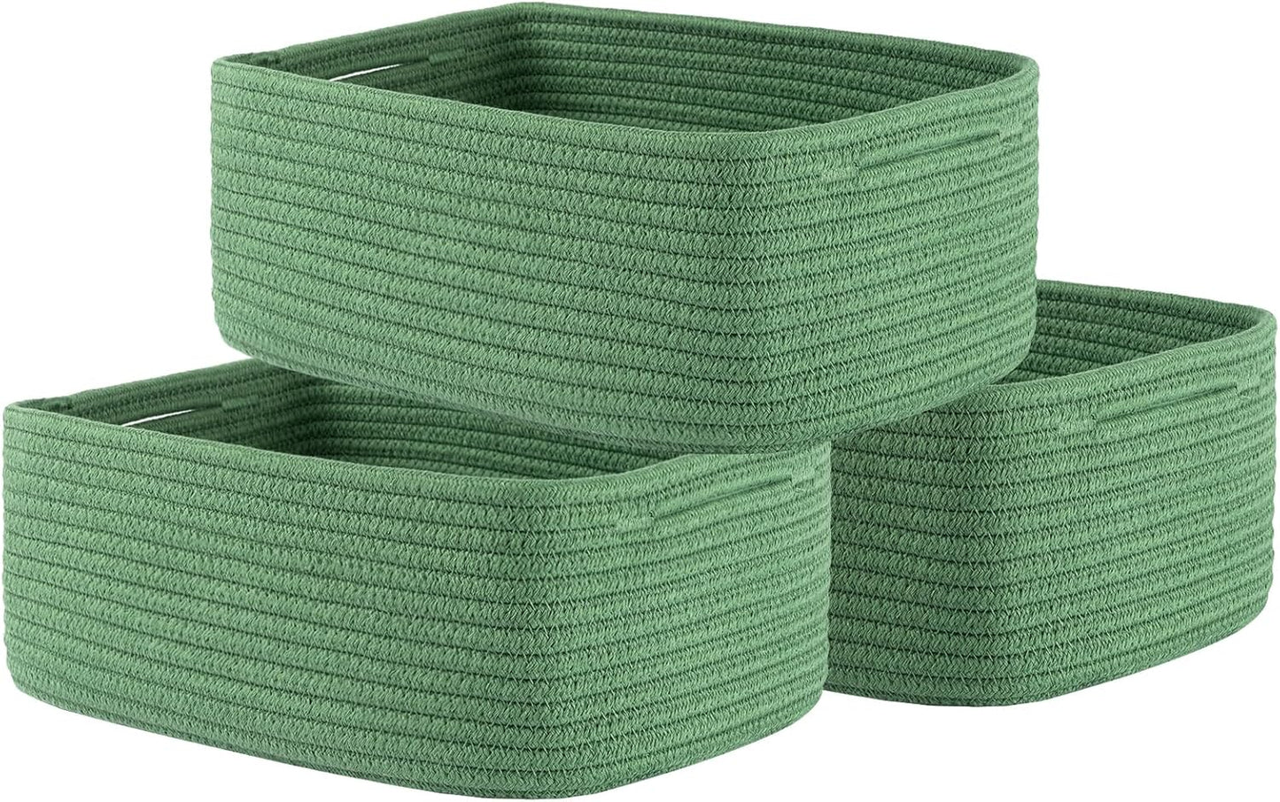 Small Woven Basket, 13.5 x 9.5 x 5 Inches, Storage Basket for Organizing, Cute Small Rope Shelf Closet Cube Storage Bins Baskets for Shelves, Dog Toy Gift Baskets Empty, 3 Pack, Green