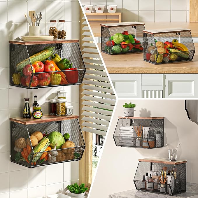 Stackable Fruit Basket for Kitchen Countertop Space Saving, Wall Mounted Mesh Metal Wire Basket with Wood Lid Extra Storage, 2 Pack Kitchen Counter Organizer for Snack, Onion and Potato Storage, White - Image 6