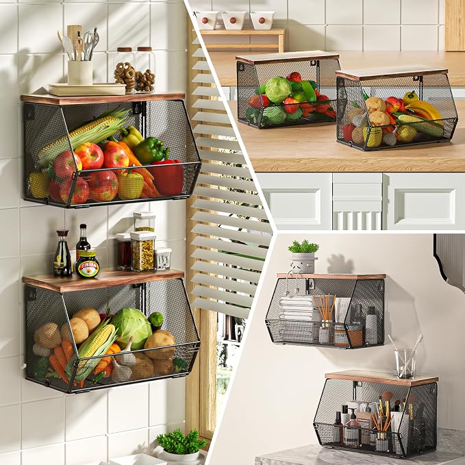 Litwaro Fruit Basket Wire Baskets with Wood Lid, Wall Mounted Produce Basket for Snack, Fruit and Vegetable Storage, Countertop Onion and Potato Storage, 3 Pack Stackable Kitchen Counter Organizer - Image 6