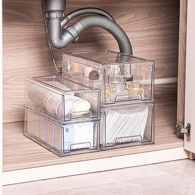 Clear Stackable Storage Drawers 2 Pack M, BPA-Free Plastic Pull Out Organizer with Anti-Slip Pad for Bathroom Pantry Cabinet - Image 2