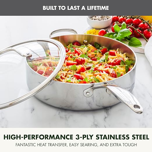 GreenPan Valencia Pro Tri-Ply Stainless Steel 5QT Sauté Pan with Lid, Induction Ready Cookware, All Cooktops, Sauce Pot, Mirror Finish, Dishwasher & Oven/Broiler Safe to 600F - Image 2