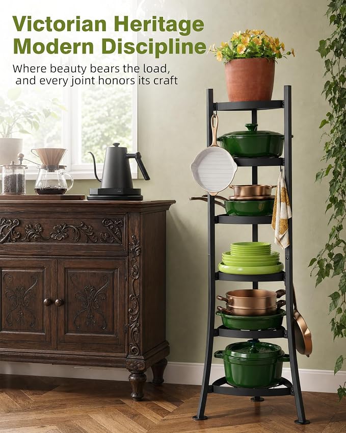 6-Tier Cast Iron Freestanding Pot Rack, 264 Lbs Capacity Cookware Storage Tower with 6 Hooks, Pot and Pan Organizer for Kitchen and Dining Room, Matte Black - Image 7