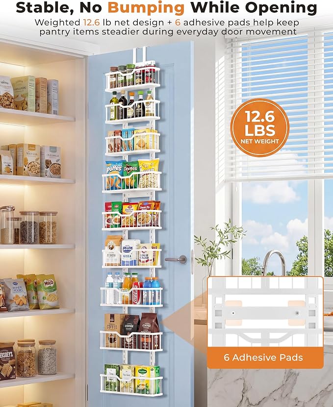 EVERIE Over the Door Pantry Organizer, 9-Tier Heavy Duty Door Storage Rack with Solid Bottom Baskets, Stable No-Bumping Design, Adjustable Hanging Shelves for Kitchen Pantry - Image 3
