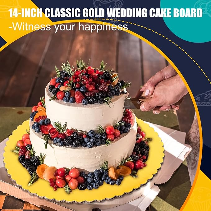 Dandat 50 Pcs 14 Inches Gold Cake Boards Round Cake Base Disposable Pie Plate Bulk Sturdy Circle Cardboard Scalloped Base for Birthday Decorating New Year Displaying Cakes Pizza Pie - Image 2