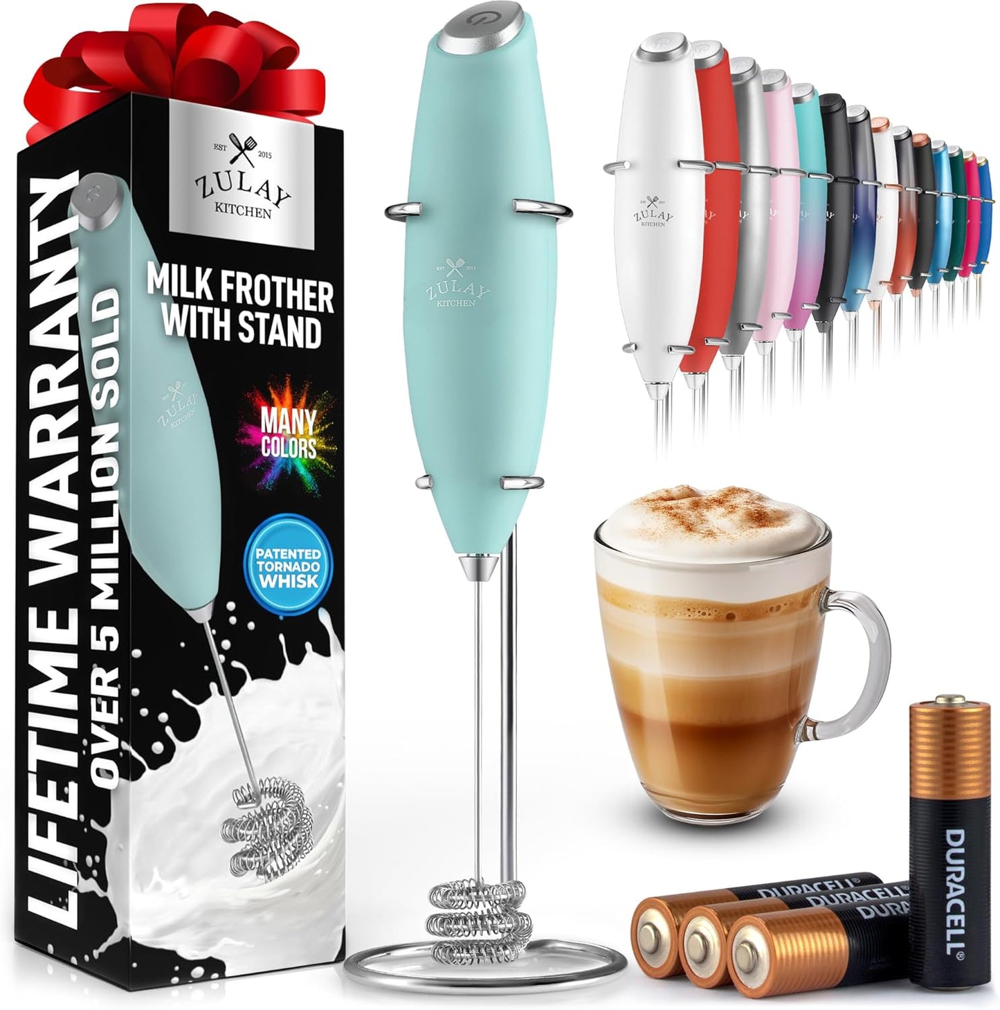 Zulay Kitchen Tornado Whisk Milk Frother with 4 AA Duracell Batteries - Triple Whisk for More Power - Handheld Coffee Frother with Stand - Drink Mixer for Lattes, Matcha & Protein Shakes