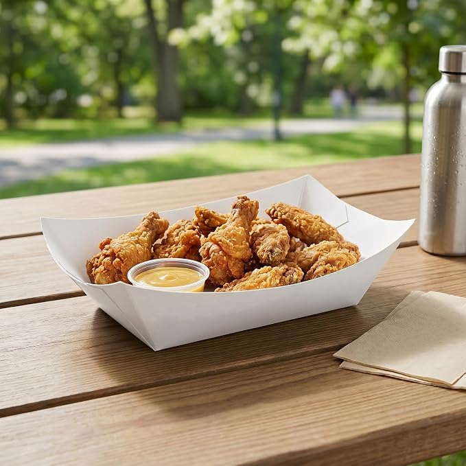 Restaurantware-Bio Tek 1 Pound Food Trays, 200 Disposable Paper Food Trays - Heavy-Duty, Greaseproof, White Paper Food Boats, For Snacks, Appetizers, Or Treats, Use At Parties Or Carnivals - Image 3