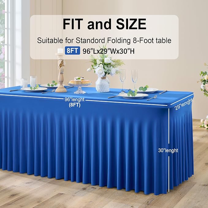 Spandex Tablecloth 8FT Rectangle Table Cover 4 Pcs Royal Blue Wrinkle-Free - Image 6