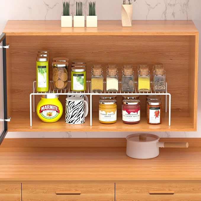 Kitchen Cabinet Expandable Shelf Organizers Set of 2, Adjustable Metal Wire Pantry Storage Shelves, Plate Dish Organizer Rack for Cabinets, Cupboard, Counter, Freezer, Countertop, White - Image 5