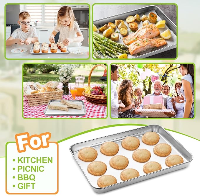4 Pieces Baking Sheet Pan Tray, CEKEE Stainless Steel Small Cookie Sheets for Baking, Baking Sheets for Oven, Warp Resistant & Heavy Duty & Rust Free Baking Pans Set - Size 9.3 x 6.9 x 0.98 Inch - Image 5