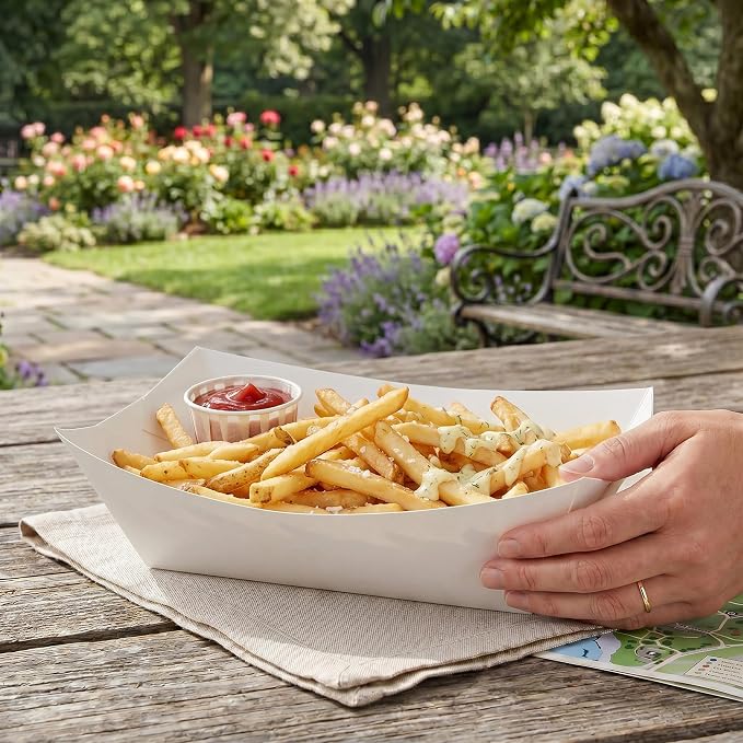 Restaurantware-Bio Tek 1 Pound Food Trays, 200 Disposable Paper Food Trays - Heavy-Duty, Greaseproof, White Paper Food Boats, For Snacks, Appetizers, Or Treats, Use At Parties Or Carnivals - Image 5