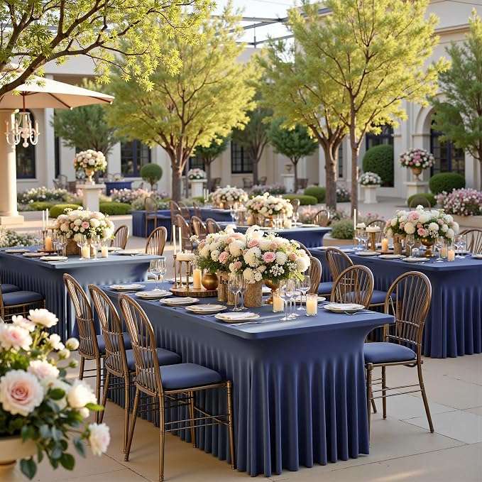 4 pk Navy Blue Spandex Tablecloth 6ft with Ruffled Skirt, Wrinkle Free High Stretch Fitted Tablecloths for 6 Foot Rectangle Tables, Elastic Navy Spandex Table Covers 6 ft for Graduation Wedding Party - Image 3