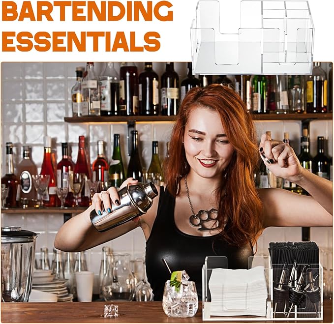 Mifoci Acrylic Bar Caddy with 6 Compartments, Bar Caddy Napkin & Straw Holder Organizer Cocktail Napkin Holder Condiments for Home Office Kitchen Countertop (Clear, 10.6 L x 5.5 W) - Image 6
