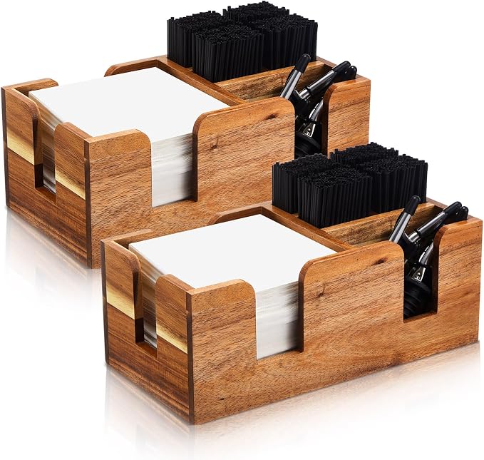 Mifoci 2 Pcs Acacia Bar Caddy with 5 Compartments, Wooden Bar Napkin Holder Organizer Cocktail Straws and Toothpicks Condiments for Home Office Kitchen Countertop(10.6 L x 5.5 W) by Mifoci
