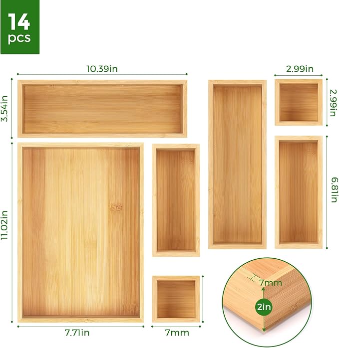MapleGrace Bamboo Drawer Organizer Set, 14 PCS Wood Storage Organizers - Image 6