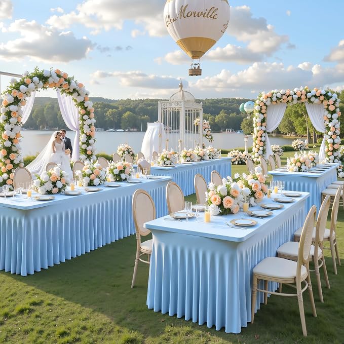4 Pack 8ft Baby Blue Spandex Table Cloths for Rectangle Tables Wrinkle Free Rectangle Tablecloths, Stretch Fitted Table Cover with Skirt for Baby Shower Boy Birthday Party Wedding Banquet Buffet - Image 2
