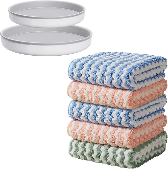 JOYMOOP Microfiber Cleaning Cloth, 5 PCS Kitchen Towels(10" x 10"), Absorbent Streak Free Lint Cleaning Cloths, Reusable and Washable Dish Rags with 12" and 10" Lazy Susan Organizer by JOYMOOP