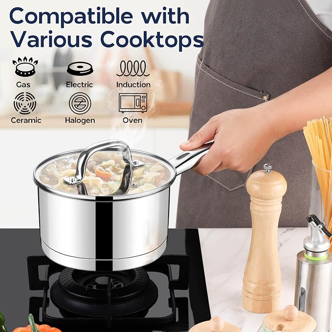 LIANYU Stainless Steel Saucepan Set of 2, 1QT & 3QT Sauce Pan with Lid, Tri-Ply Bottom Milk Pot, All Stove Compatible, Oven & Dishwasher Safe - Image 4