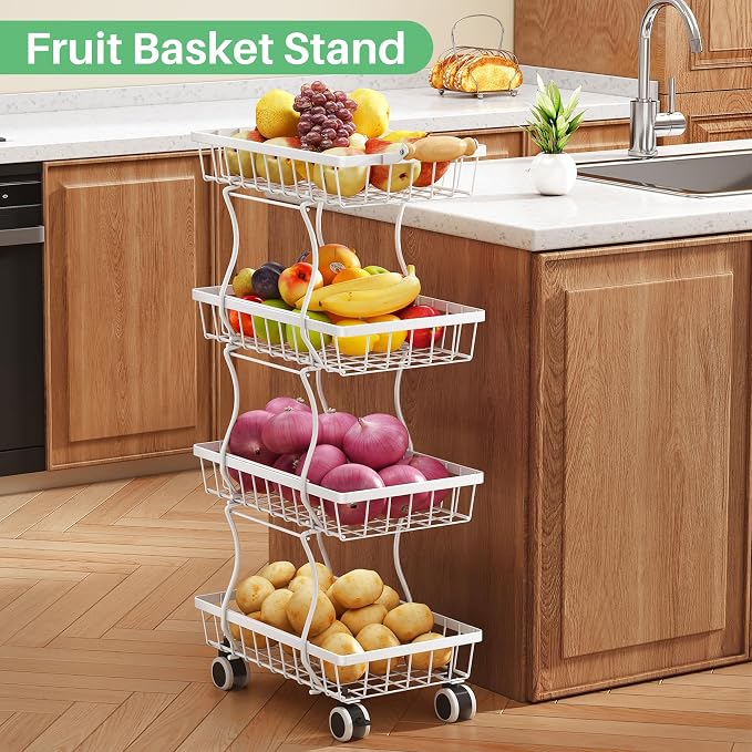 SAYZH 4-Tier Fruit Basket Stand with Vegetable Baskets for Kitchen, White | Stackable Metal Wire Basket, Sturdy Rolling Storage Carts for Kitchen, Pantry Organizer, Snack and Jar Storage - Image 5