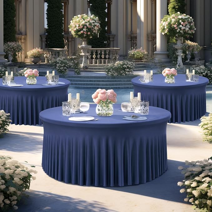 6 Pack Navy Blue Spandex Round Tablecloths for 72inch Table, Wrinkle Free 132inch Stretchy Fitted 6ft Round Table Cloths Covers with Skirt for Wedding Birthday Parties Banquet Events - Image 7