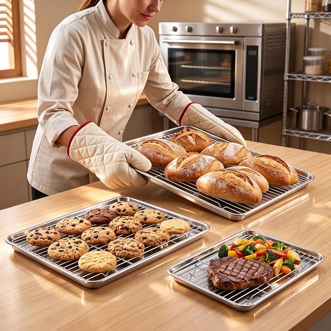 Homikit Baking Sheet with Wire Rack Set (3 Pans + 3 Racks), 16/12/9 Inches | Stainless Steel Sheet Pans with Cooling Racks for Oven, Heavy Duty Metal Cookie Bacon Baking Trays Non Toxic, Dishwasher Safe - Image 3
