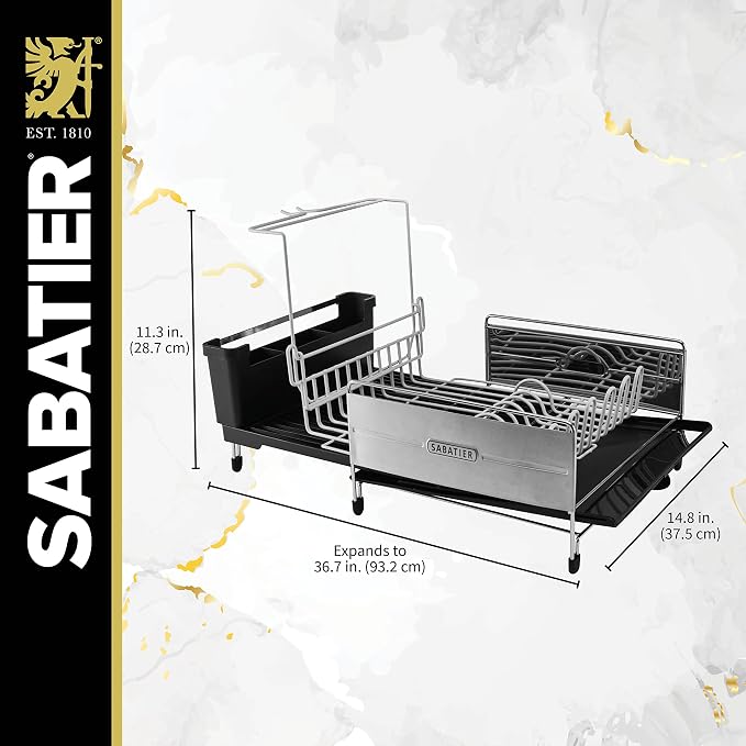 Sabatier Expandable Dish Drying Rack with Drainboard - Stainless Steel Dish Rack for Kitchen Counter, Stemware Holder and Utensil Caddy Included - Image 3