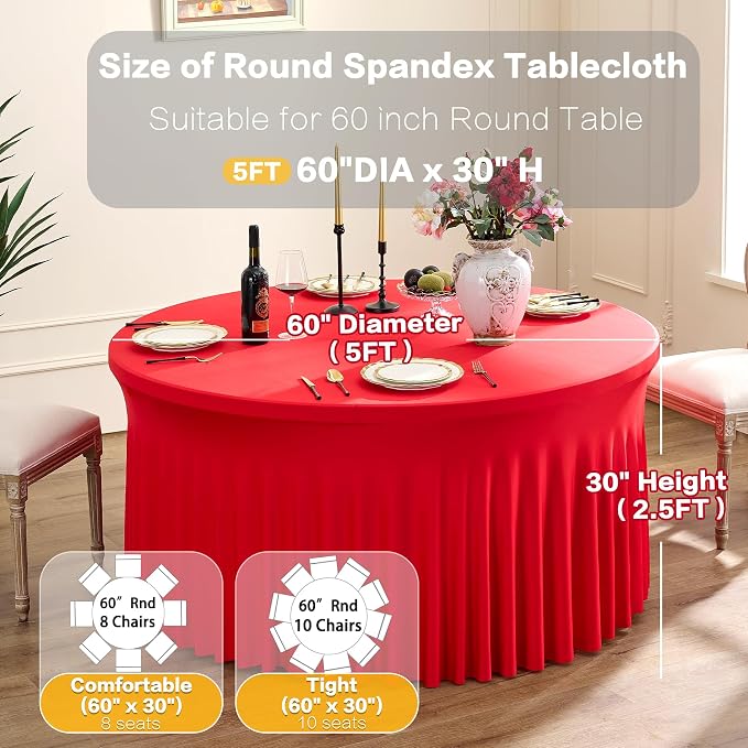 6 Pack Spandex Red Round Tablecloths for 60inch Table, 120in Stretchy Fitted 5ft Tablecloths, Wrinkle Free Round Table Clothes Covers with Skirt for Wedding Birthday Parties Banquet - Image 5