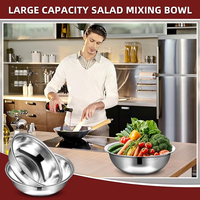 10 Pcs Stainless Steel Mixing Bowls Metal Mixing Bowls Extra Large Basin Salad Bowl with Deeper Edge, Dishwasher Safe, Mirror Finish for Home and Commercial, Silver (13 Inch 7 Qt) - Image 3