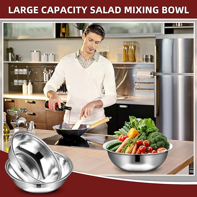 6 Pcs Stainless Steel Mixing Bowls Metal Mixing Bowls Extra Large Basin Salad Bowl with Deeper Edge, Dishwasher Safe, Mirror Finish for Home and Commercial, Silver (18 Inch 16 Qt) - Image 3