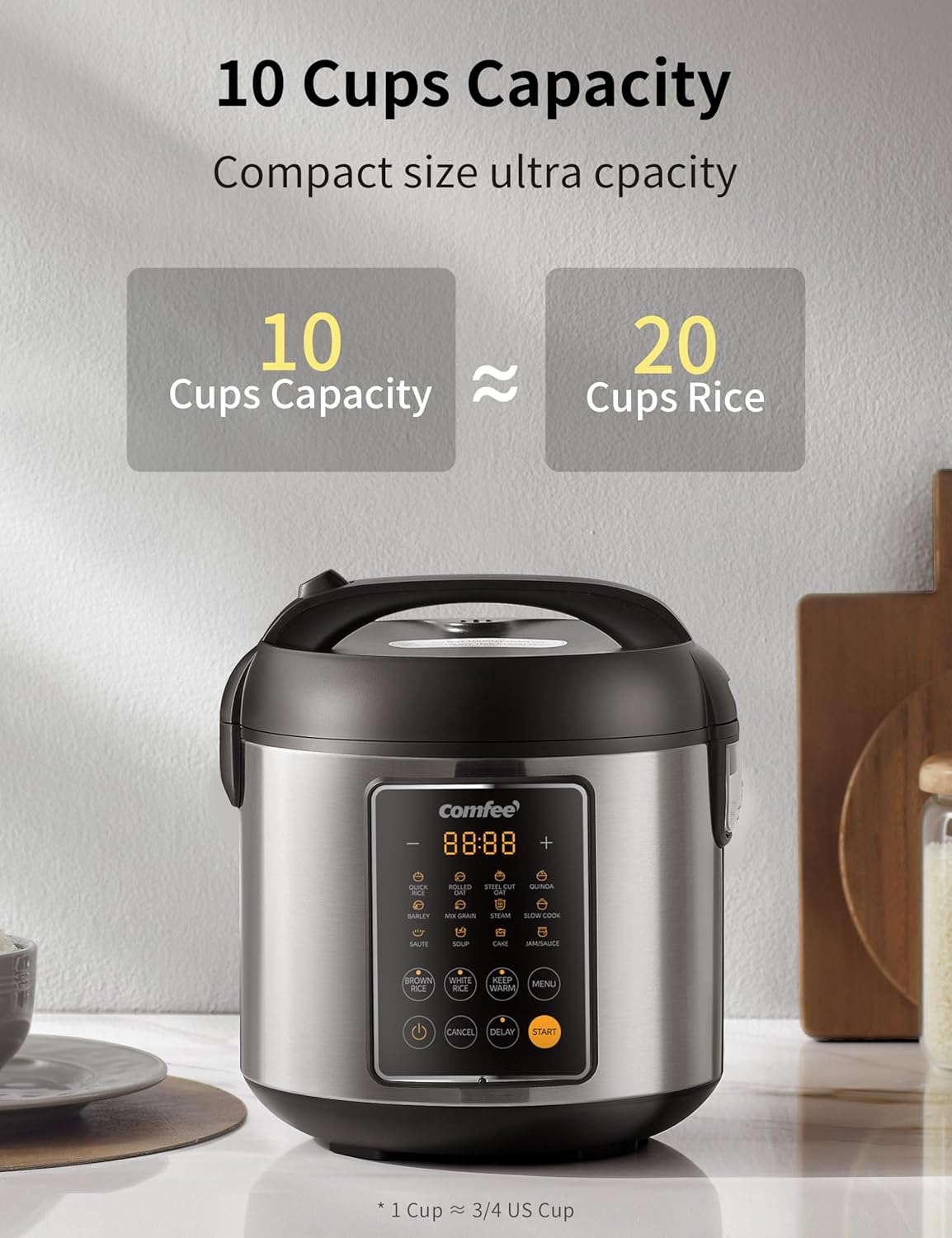 COMFEE' Rice Cooker, 14-in-1 Stainless Steel Multi Cooker, Slow Cooker, Steamer, Sauté, and Warmer, 5.3 QT, 20 Cups Cooked (10 Cups Uncooked), Brown Rice, Quinoa and Oatmeal