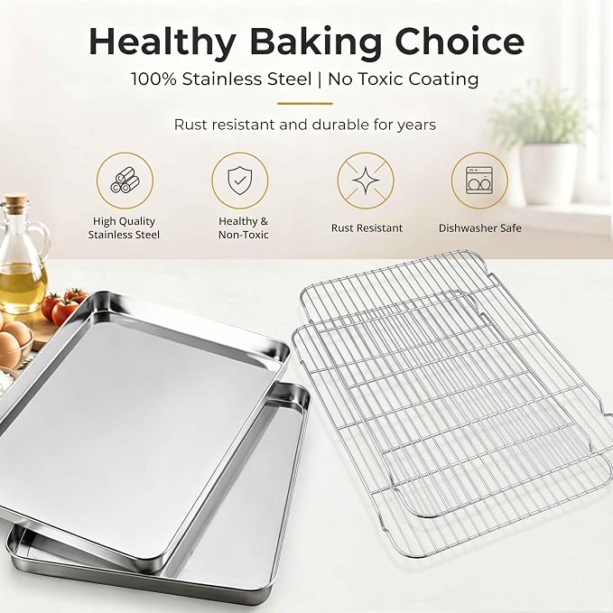 Onader Large Baking Cookie Sheet with Cooling Rack Set, Stainless Steel Baking Sheet Pan, 19⅝ x 13¾ Inch Metal Oven Baking Tray, Nonstick & 1 Inch Deep, 2-Pack (Includes 2 Pans + 2 Racks) - Image 3