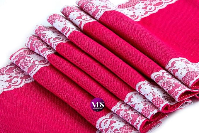 VDS Pack of 25, Burlap Table Runner with White Lace Edge, 100% Natural Jute Rustic Hessian Table Cloth Centerpiece for Wedding Birthday Party Banquet Table Decoration (Size 12X108 Inch)(Magenta) - Image 2