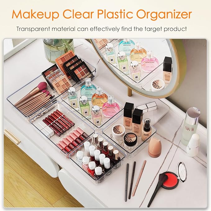 Criusia Drawer Organizer, 10 Pack Large Clear Plastic Set, 3 Size Versatile Bathroom and Vanity Organizer Trays, Storage Bins for Makeup, Bedroom, Kitchen Utensils - Image 5