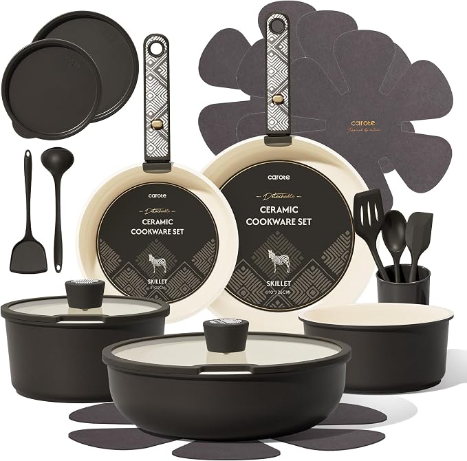 CAROTE 21pcs Ceramic Cookware Set, Pots and Pans Set with Detachable Handle by CAROTE