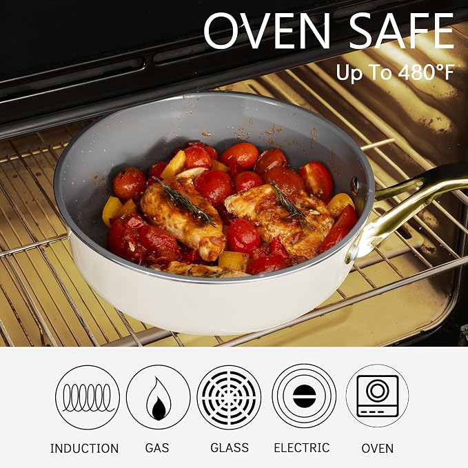 10-in-1 White Ceramic Nonstick Deep Saute Pan Set With Steamer & Lid, 4QT - Image 6