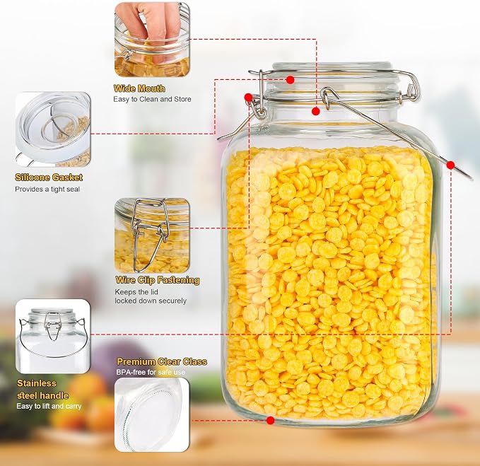 1 Gallon Airtight Glass Food Storage Jars Set of 2 with Lids, Extra Large Glass Storage Containers with Handle for Flour, Cereal, Coffee and Canning, Square Mason Jars with 8 Chalkboard Labels - Image 3